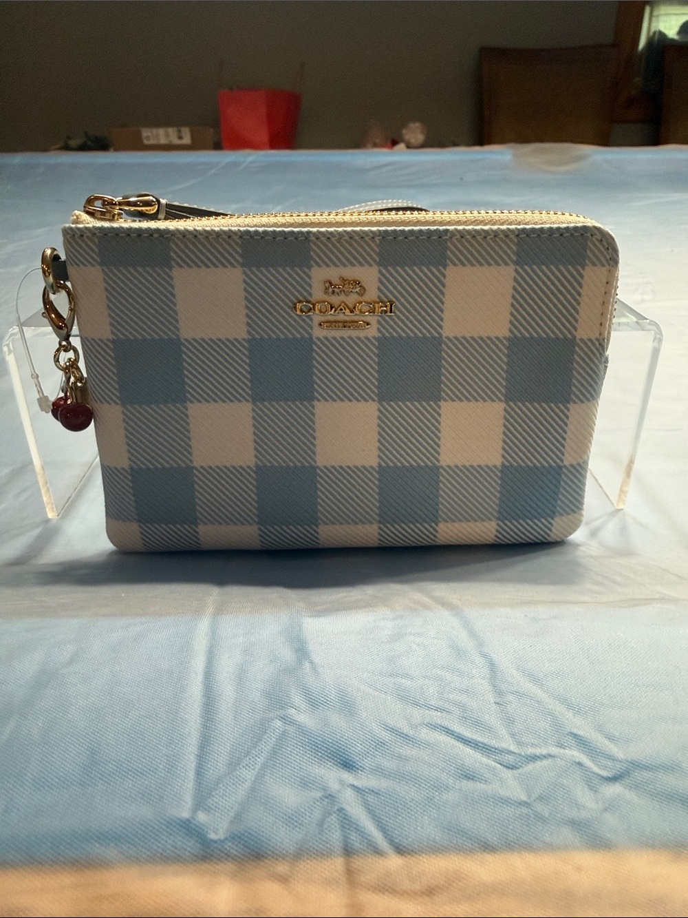 Coach Blue and White Gingham Wristlet with Cherry Charm - Picture 2 of 8